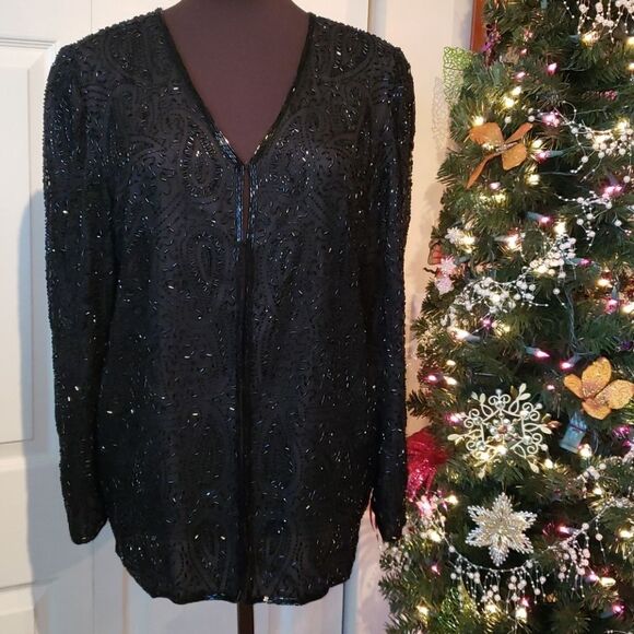 VNTG Silky Nites NY Pure Silk Beaded Jacket - Picture 1 of 9